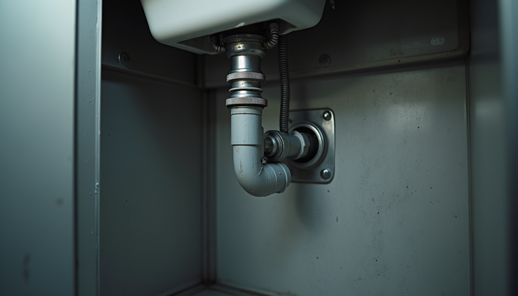 Close-up view of a professional plumber installing a garbage disposal unit under a commercial kitchen sink