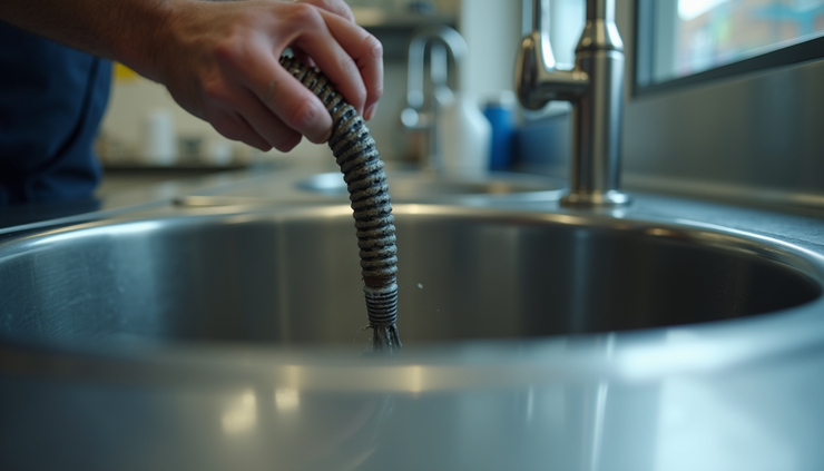 Close-up view of a drain snake inserted into a kitchen sink drain