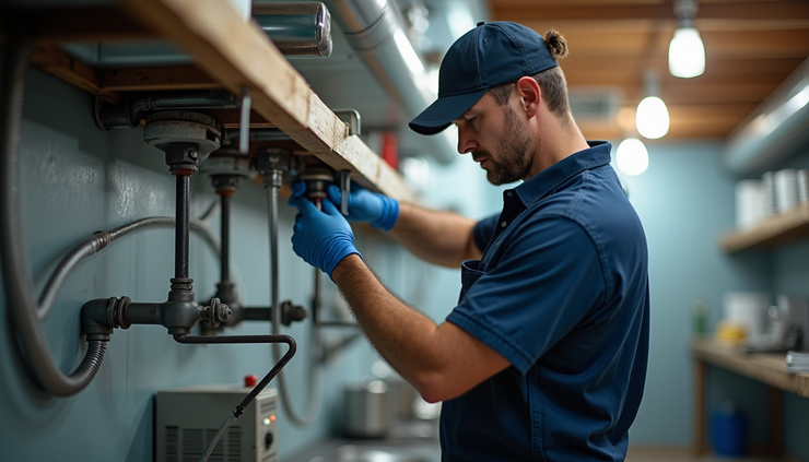 High angle view of commercial plumbing system inspection in a Cape Coral restaurant kitchen