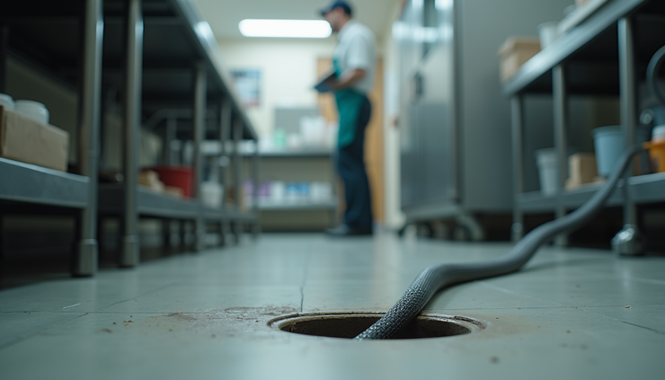Eye-level view of a commercial kitchen floor drain with a drain snake inserted