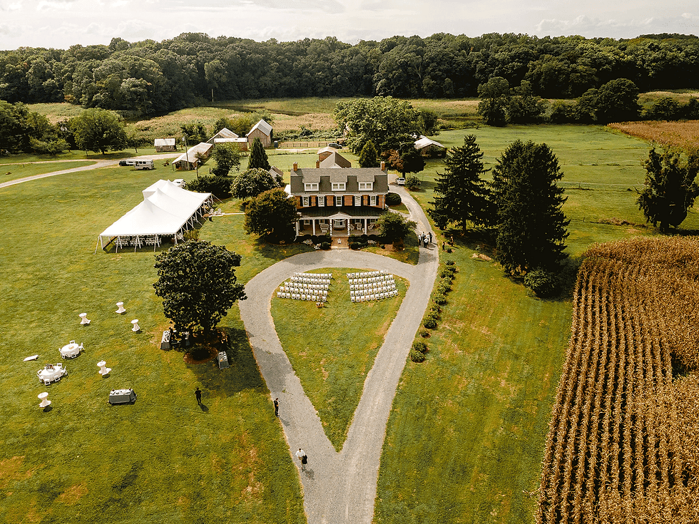 Aerial view of Stepne Manor, wedding ceremonies and receptions at Stepne Manor in Chestertown, Maryland, and a scenic couple portrait at sunset.