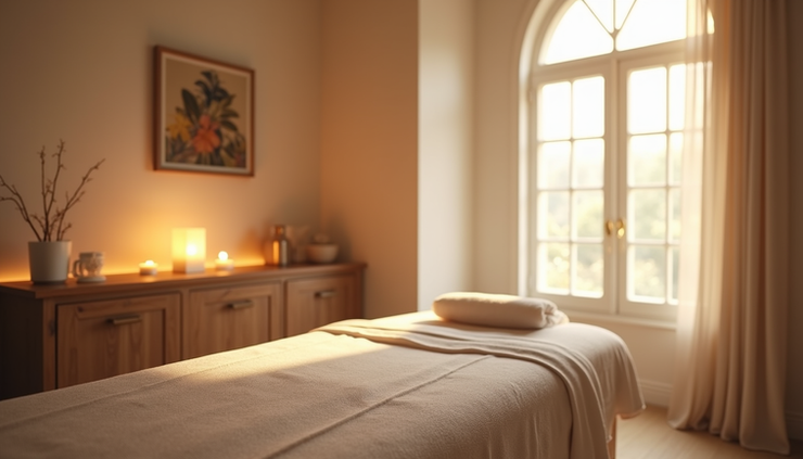 Vista lateral de ambiente tranquilo para massoterapia com iluminação suave e decoração relaxante