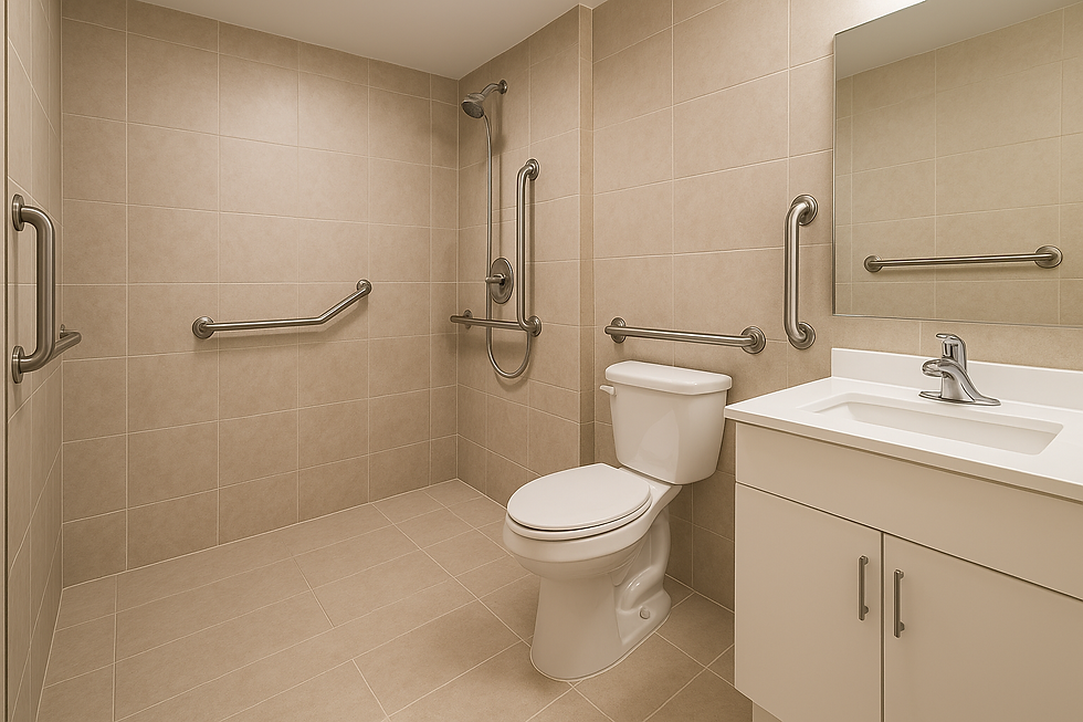 Residential bathroom with wall-mounted grab bars at toilet and walk-in shower to improve safety and