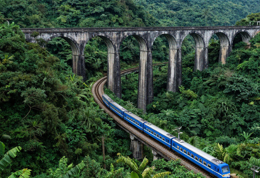 Blue train crossing a stone viaduct in lush green forest. The curving tracks and dense foliage create a serene, scenic atmosphere.
