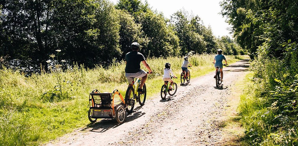 Family cycling on a tree lined path in the Cotswolds.