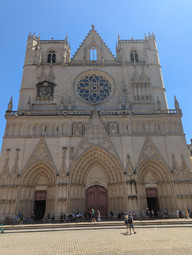 Grand cathedral with detailed stone work.
