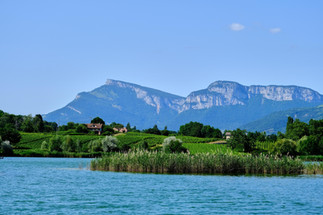 Blue lake, green fields with a few houses and mountains in the distance.