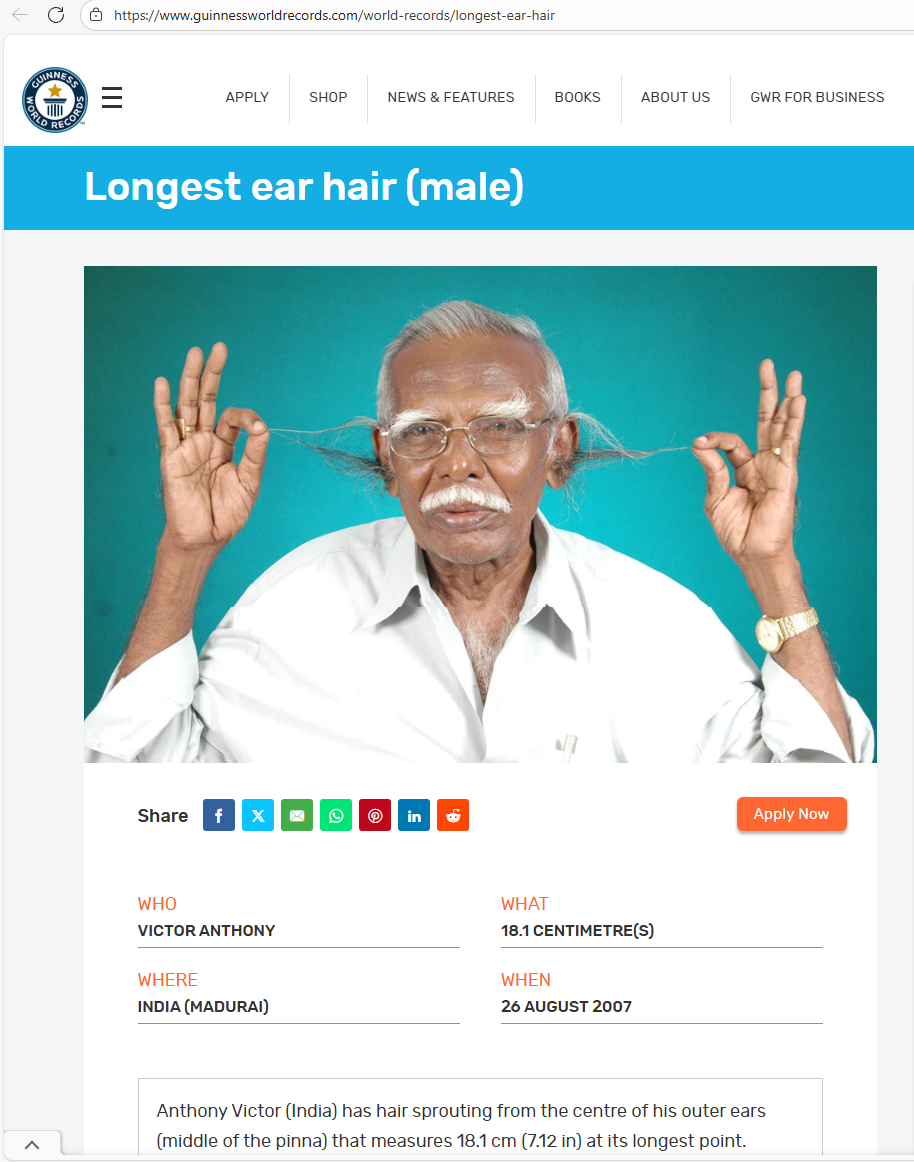 Guinness World Records - Longest Ear Hair (Male) - Late Mr. A. Victor (Retd. HM)