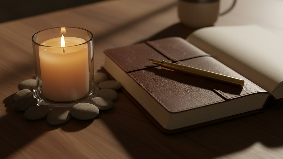 Close-up view of a journal and pen beside a softly glowing candle