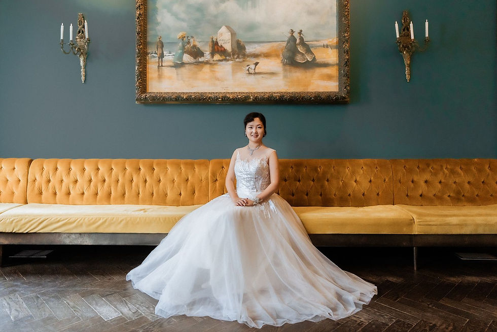 The bride photographed alone in one of the private rooms at Maison Selby in Toronto.