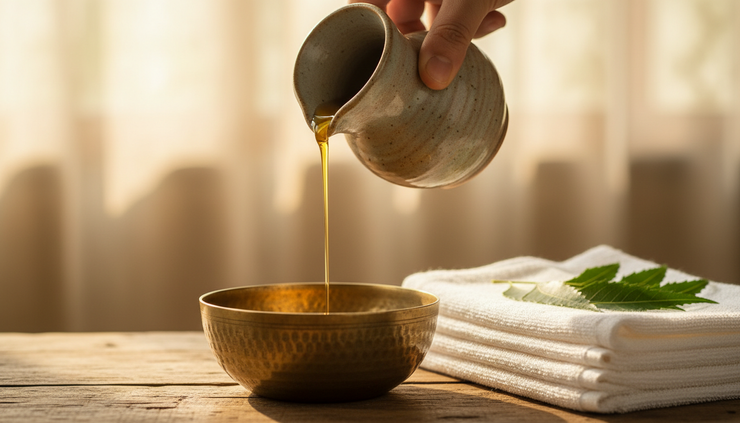 Eye-level view of warm oil being poured into a small brass bowl beside folded towels