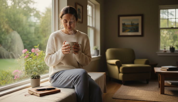 Eye-level view of a person holding a warm mug beside a quiet window.