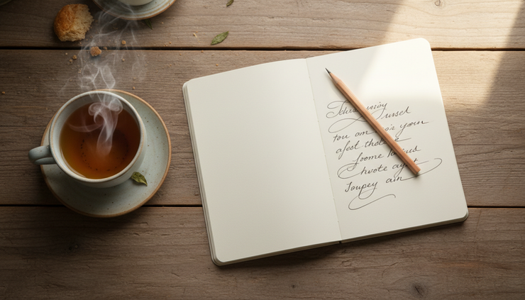 Overhead view of a small notebook beside a cup of tea and a pencil on a wooden table.