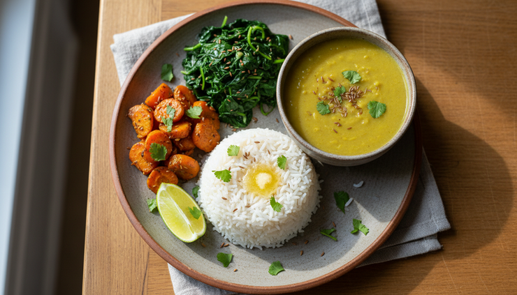 Overhead view of a seasonal Ayurvedic meal with lentils, rice, cooked greens, and spices