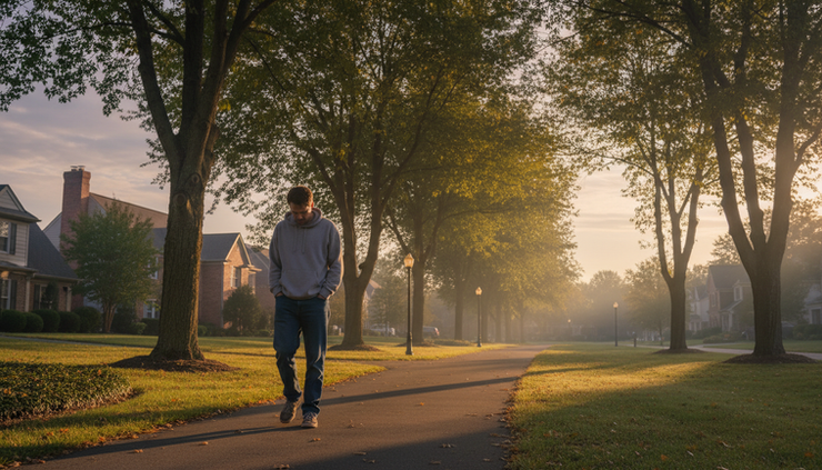 Wide-angle view of a person walking alone on a quiet neighborhood path.