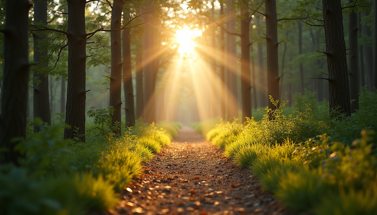Eye-level view of a sunlit path winding through a lush green forest symbolizing growth and opportunity