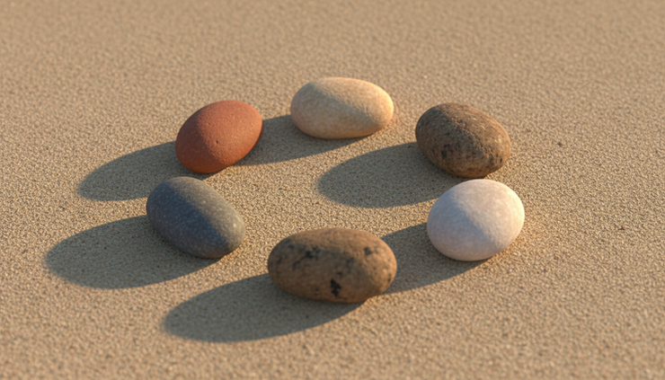 Eye-level view of five smooth stones arranged in a circle on sand.