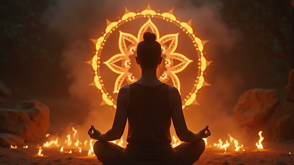 Close-up view of a person meditating with chakra symbols glowing around
