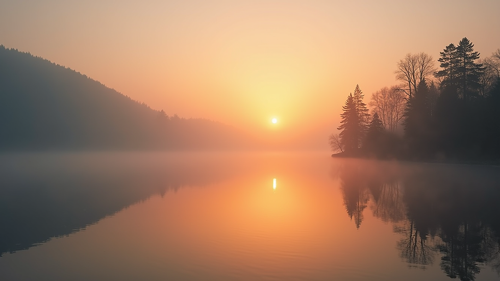 Close-up view of a calm lake at sunrise with soft mist and surrounding trees