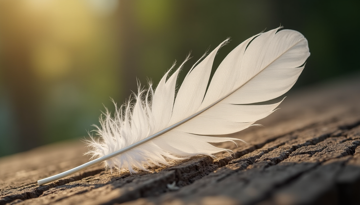 Close-up view of a white feather resting on a wooden surface