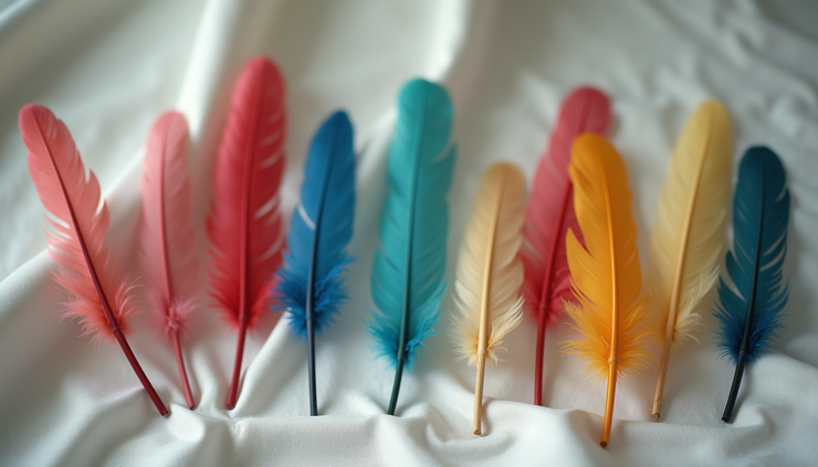 Eye-level view of colorful feathers arranged on a natural fabric background