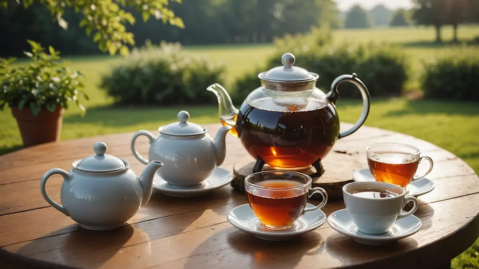 Wide angle view of a peaceful setting with a teapot and tea glasses