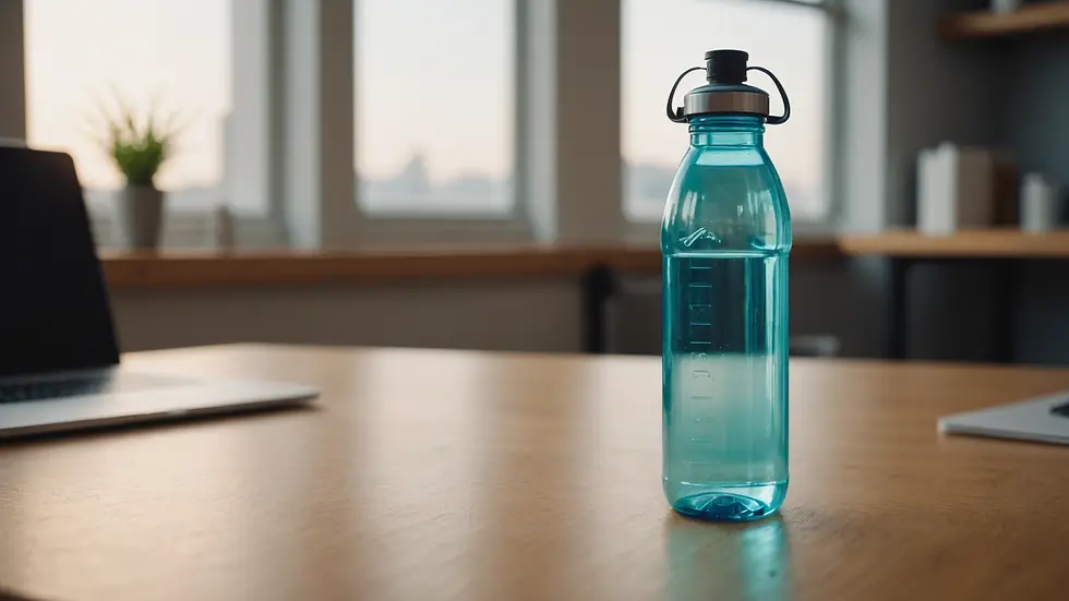 Eye-level view of a specific water bottle on a desk