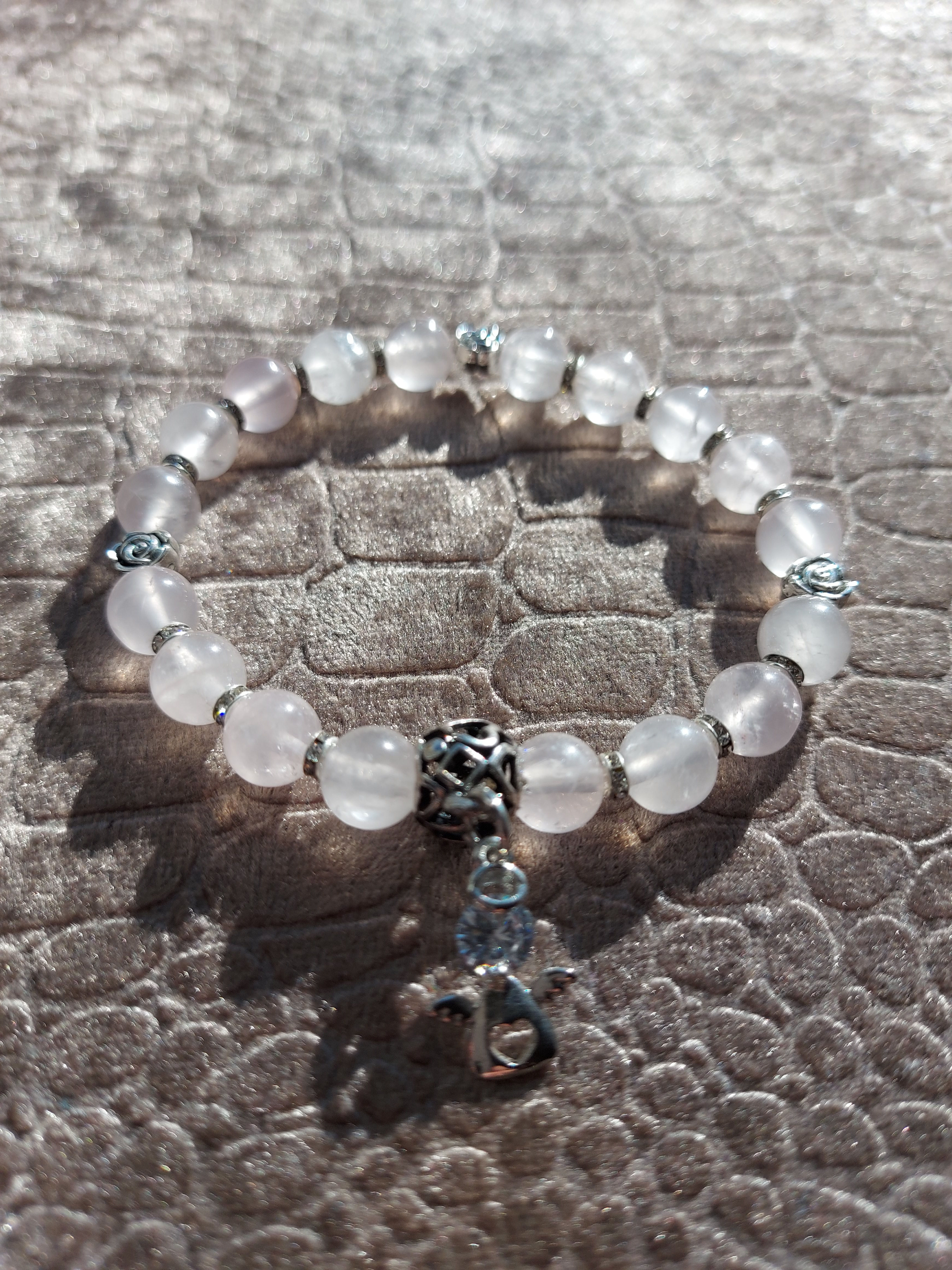 Rose Quartz Beaded Bracelet with Angel Charm