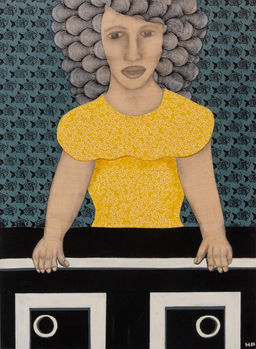 Woman at a counter with a yellow dress