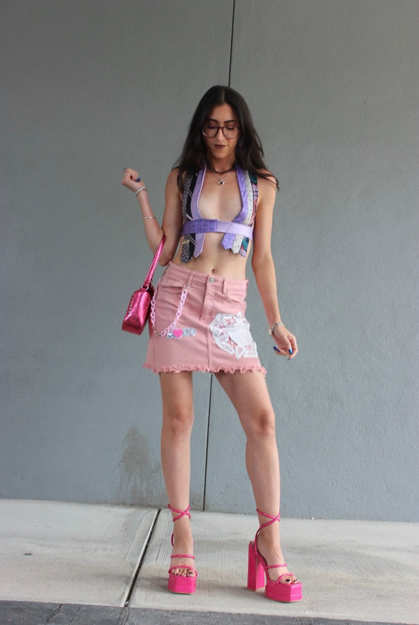 Thumbnail: Pink Mini Skirt – Chains + Vintage Lace - Small