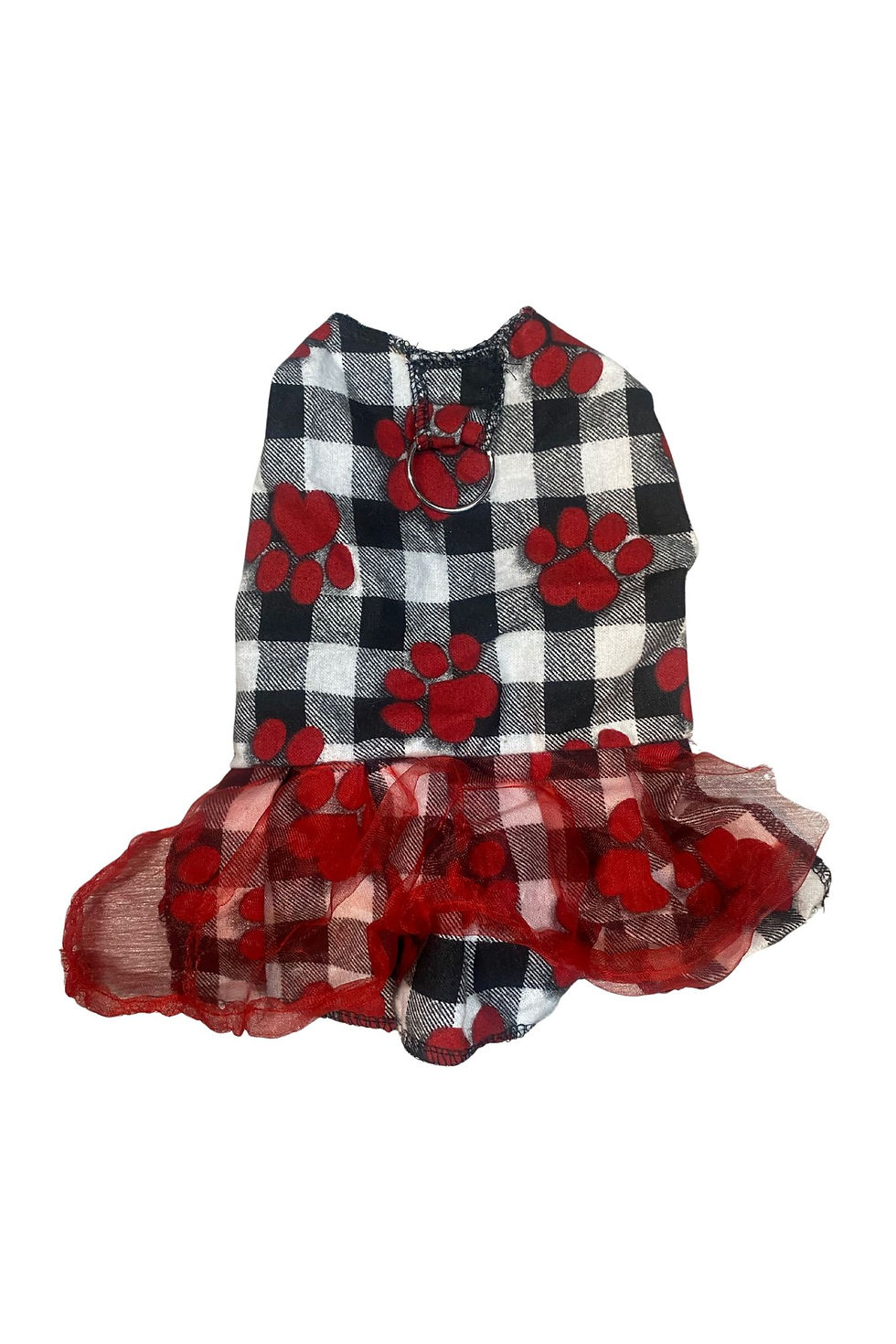 Thumbnail: Black & White Plaid Dog Dress with Red Paw Prints