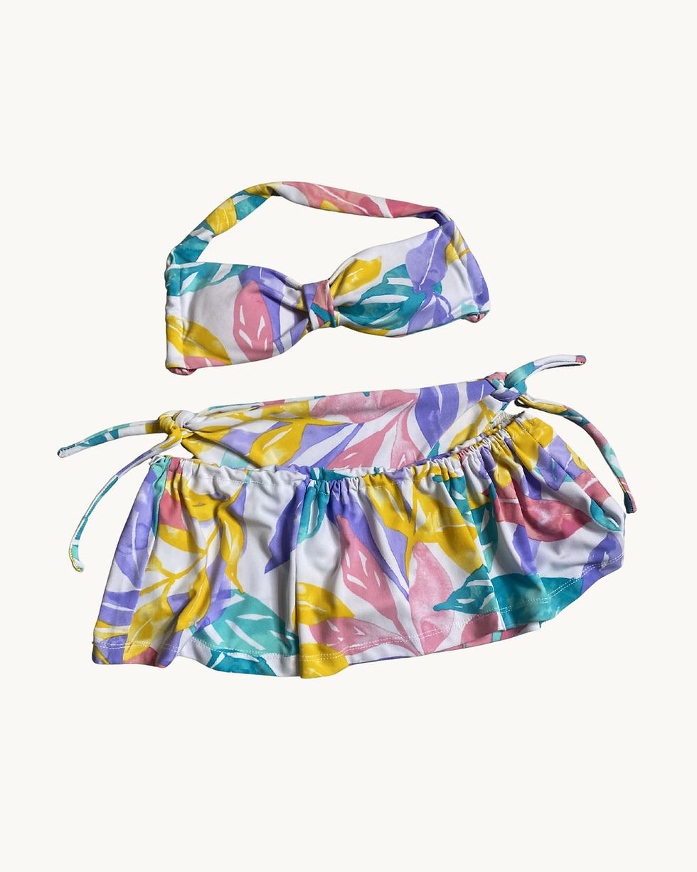 Thumbnail: Upcycled White Tropical Floral Bikini Set S/M w Mini Skirt 3-Piece Set