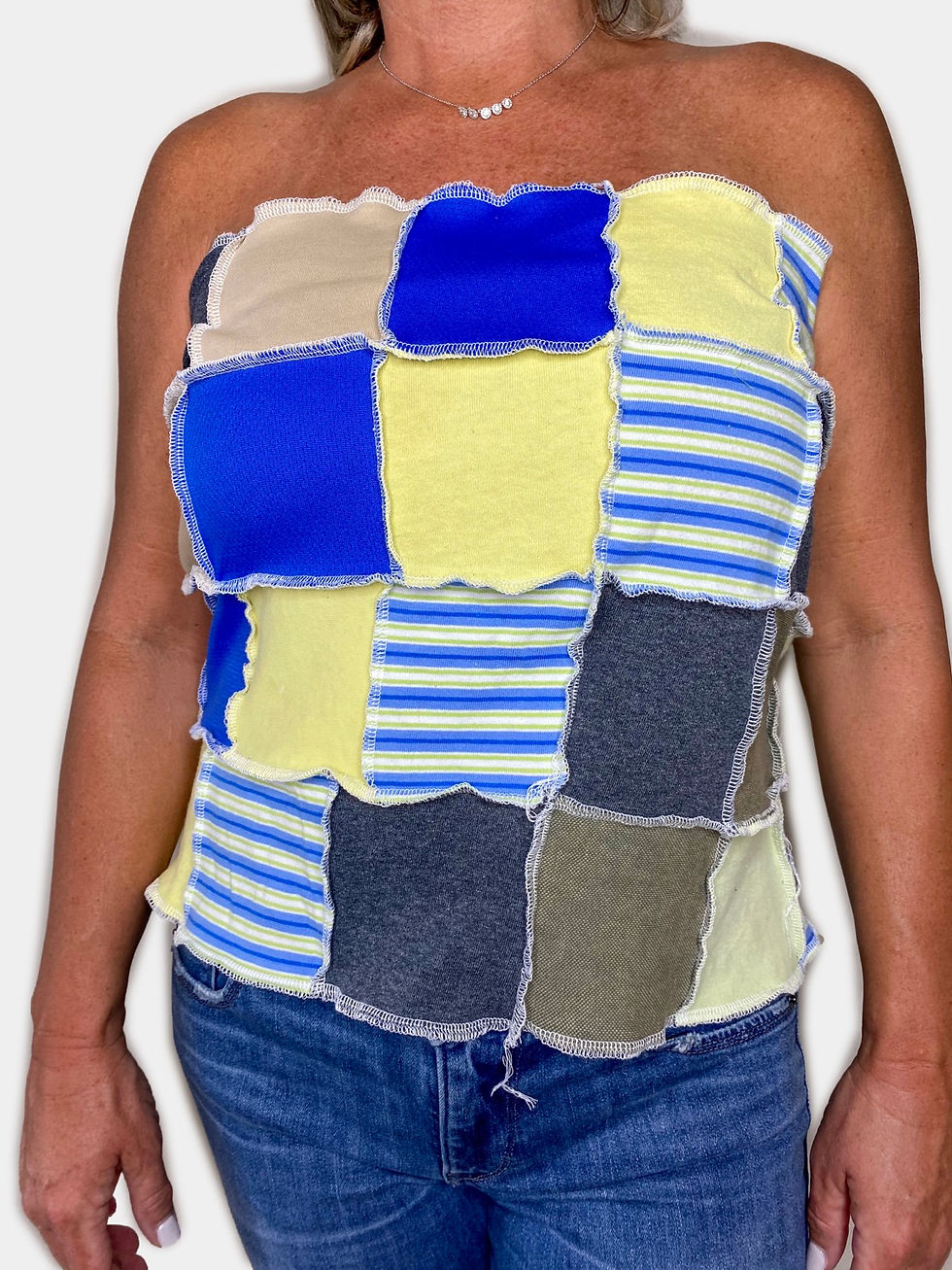 Thumbnail: Women's Handmade Mid-Rise Color Blocking Patchwork Convertible Skirt to Tube Top