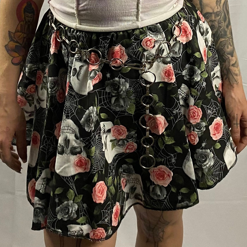 Thumbnail: Handmade Skulls & Pink Roses on Black Cotton Tennis Skirt