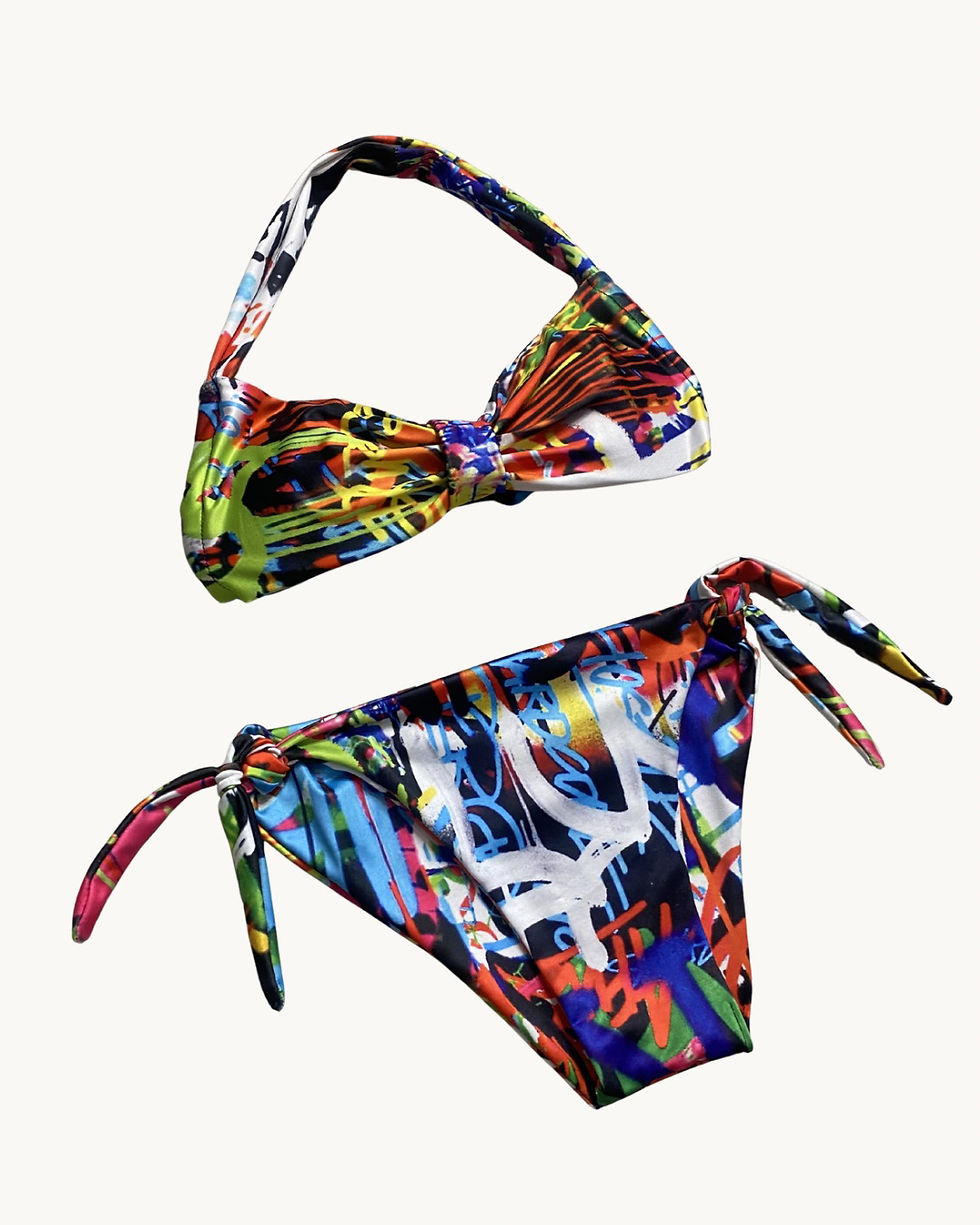Thumbnail: Upcycled Graffiti Print Bikini Set S/M w Mini Skirt Cover Up 3-Piece Street Styl