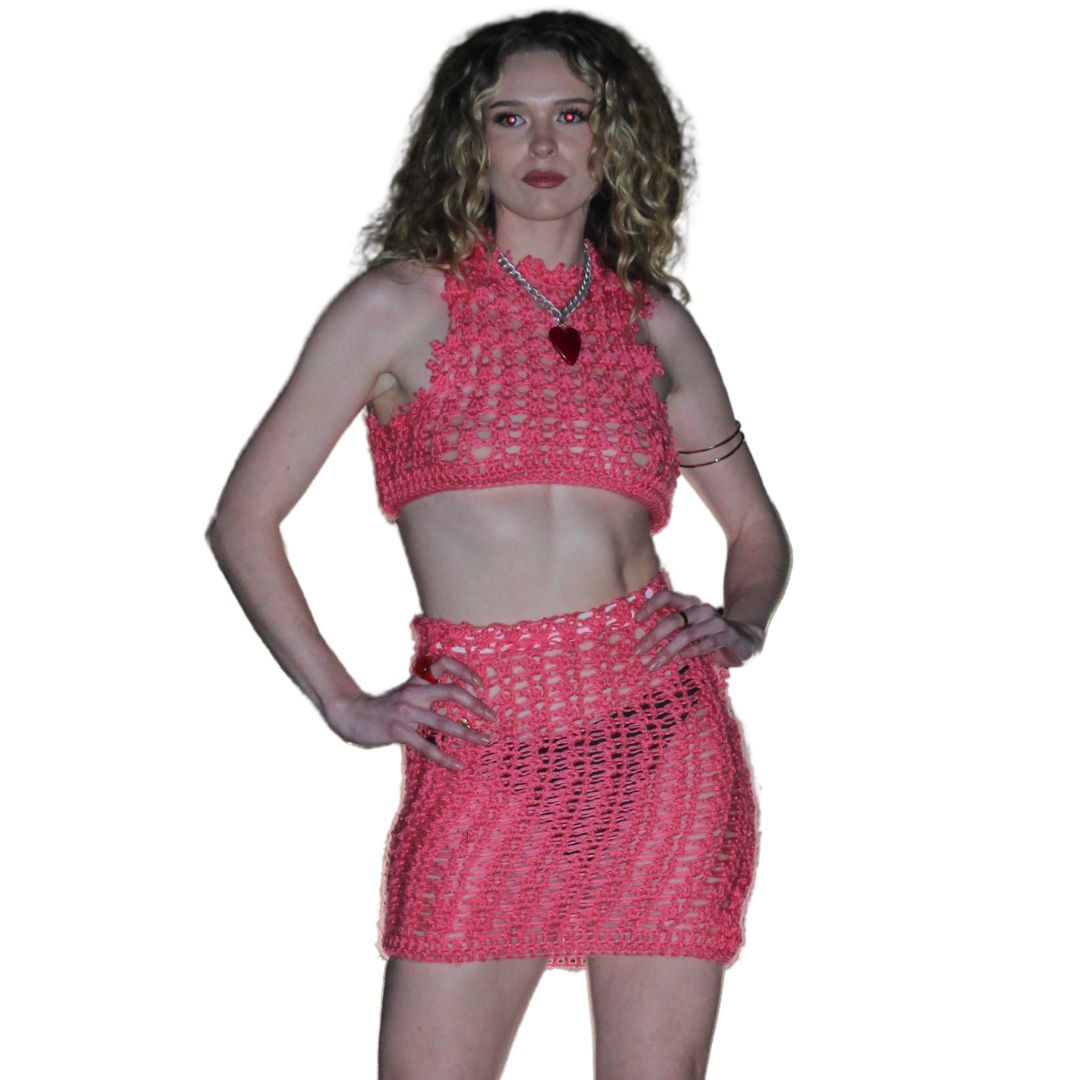 Handmade Upcycled Crochet 2-Piece Set – Pink Coral, Small, Stretchy