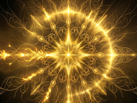 Symbolic representation of the rebirth of the sun occurring at Yule. It has a black background and golden fire emanating out in patterns from a central star