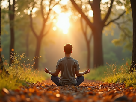 A person meditating seated in the forrest