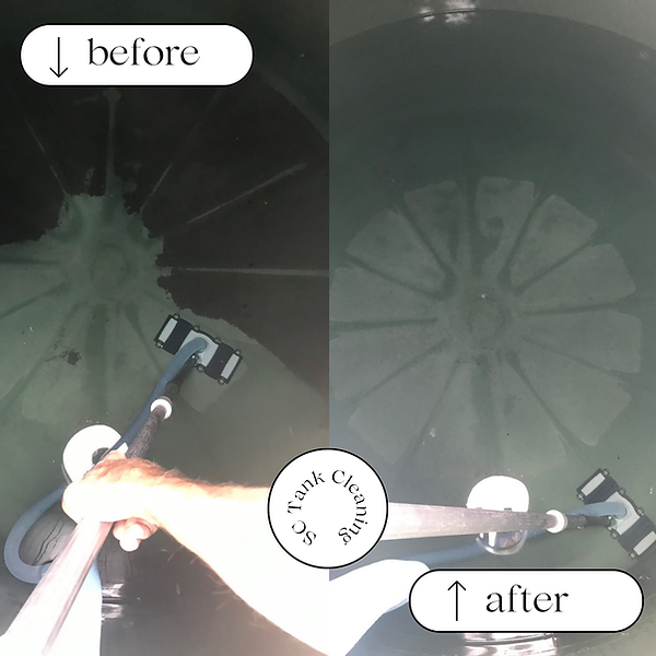 Before & After of water tank cleaning with arm holding cleaning wand. Bottom of tank black in 1st pic and spotless in second