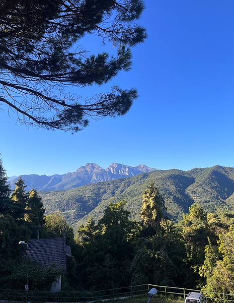 The view of mountains on a blue sunny day in early spring.
