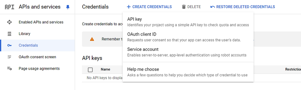 Go to APIs & Services > Credentials in Google Cloud Console. Click Create Credentials and select Service Account