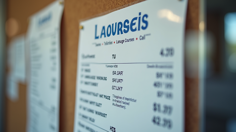 Close-up view of a price list for language courses on a bulletin board