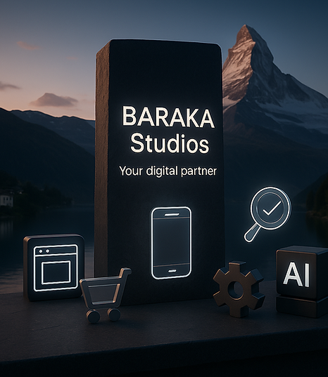 Leuchtender BARAKA-Studios-Monolith vor Schweizer Berglandschaft mit Icons für Webshop, Apps, KI und digitale Services