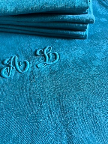 Thumbnail: Vintage French Damask Set of 6 Teal Napkins with Monogram AL