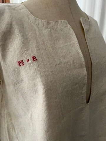Thumbnail: Antique Linen and Cotton Kaftan style Chemise/Dress with Red Monogram MR