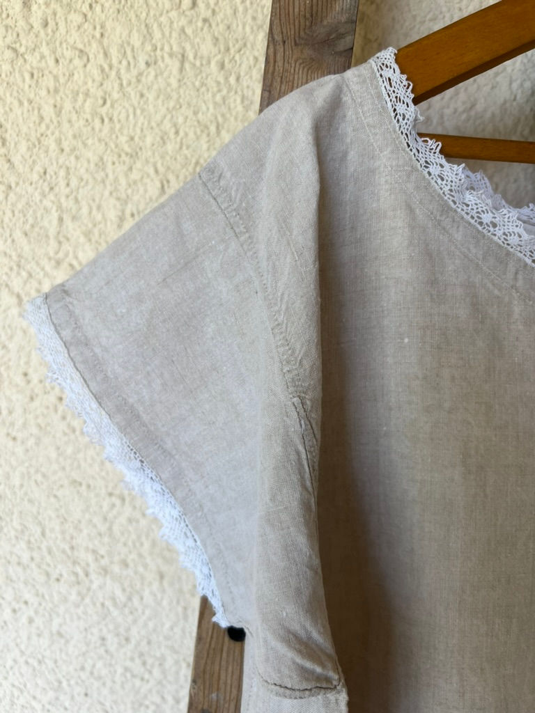 Thumbnail: Antique Linen Chemise with white monogram and lace trim