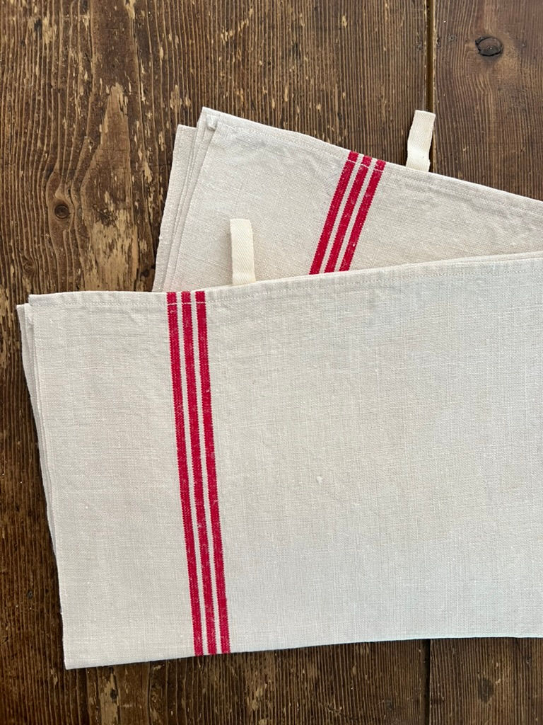 Thumbnail: Vintage Pair of French Linen Torchons / Tea Towels Triple Red Stripes
