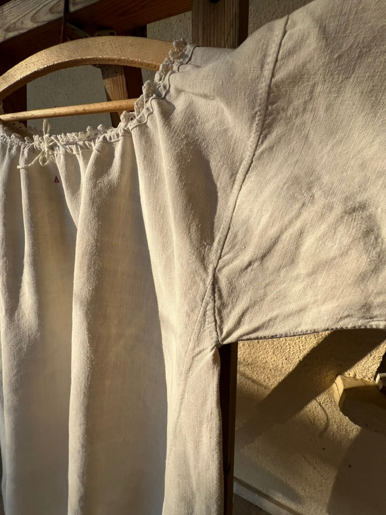 Thumbnail: Antique Handwoven Linen Chemise/Dress Monogram "AM" with Crocheted Trim