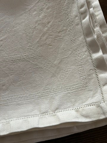 Thumbnail: Vintage French Linen Damask set of 5 Napkins with Border Design