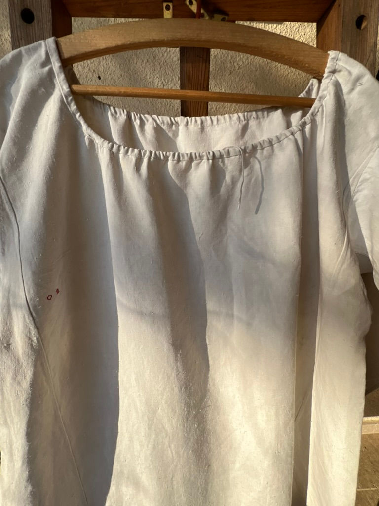 Thumbnail: Antique Handwoven Fine Linen Chemise/Dress Red Monogram OM Short Sleeves